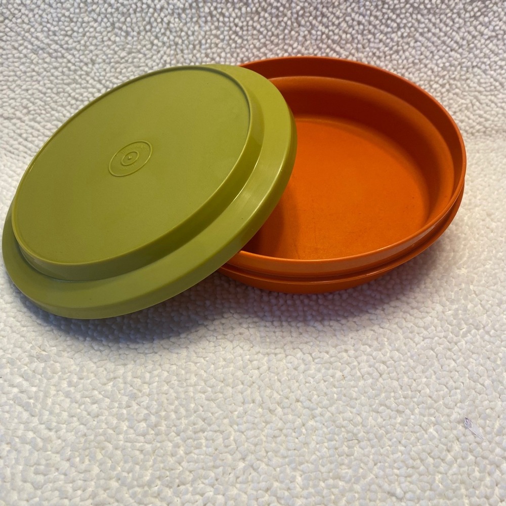 Tupperware Round Container Orange Green Lid Vintage Food Storage Serve and Seal